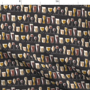 May include: A black background with a repeating pattern of various beer glasses and mugs in shades of brown, yellow, and red. The glasses and mugs are all different shapes and sizes.
