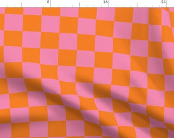 Retro Fabric - Old School Check Large by beshkakueser - Check Orange Pink Checkered Checkerboard Y2k 1960s Fabric by the Yard by Spoonflower