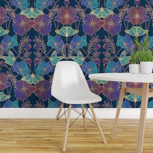 Nouveaudc Wallpaper - Poppy Art Nouveau By Cjldesigns - Blue Floral Custom Printed Removable Self Adhesive Wallpaper Roll by Spoonflower