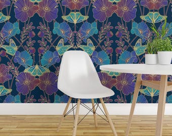 Nouveaudc Wallpaper - Poppy Art Nouveau By Cjldesigns - Blue Floral Custom Printed Removable Self Adhesive Wallpaper Roll by Spoonflower