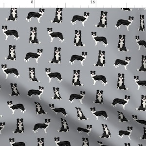 May include: A seamless pattern featuring black and white border collies on a light gray background. The dogs are in various poses, including standing, sitting, and running.