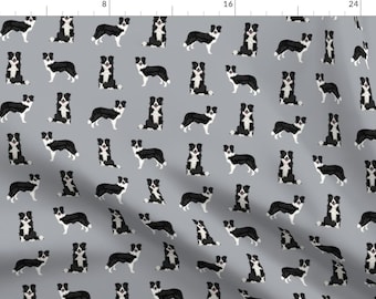 May include: A seamless pattern featuring black and white border collies on a light gray background. The dogs are in various poses, including standing, sitting, and running.
