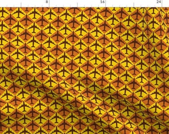 Airplane Fabric - Plane Checker By Toothpanda - Airplane Orange Yellow Cotton Fabric By The Yard With Spoonflower