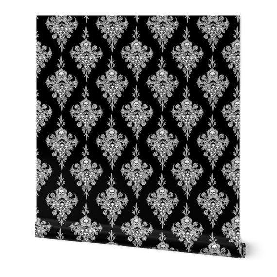 Peel-and-Stick Removable Wallpaper Skull Damask Black White Artistic Halloween Peel-and-Stick Removable Wallpaper Skull Damask Black White Artistic Halloween