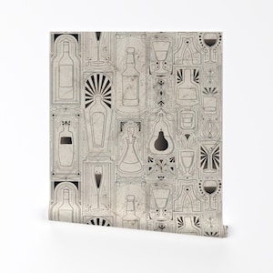 Vintage Flaschen Tapete - Flaschen Gläser Von Miyatake - Zeitungsstil Art Deco Entfernbare selbstklebende Tapetenrolle von Spoonflower