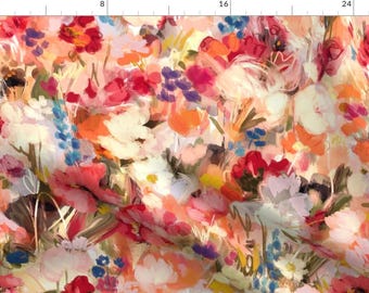 Bright Florals Fabric - Painterly Abstract Floral By Jenflorentine - Brush Stroke Magenta Garden Cotton Fabric By The Yard With Spoonflower