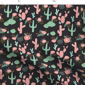 Boho Cactus Fabric - Cactus Flowers Cute Girls Cacti Pink Mint By Charlottewinter - Cactus Flower Cotton Fabric By The Yard With Spoonflower