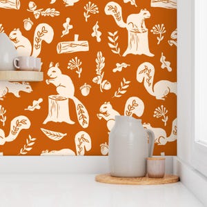 Fall Wallpaper - Squirrels Linocut Fall Autumn By Andrea Lauren - Custom Printed Removable Self Adhesive Wallpaper Roll by Spoonflower image 7