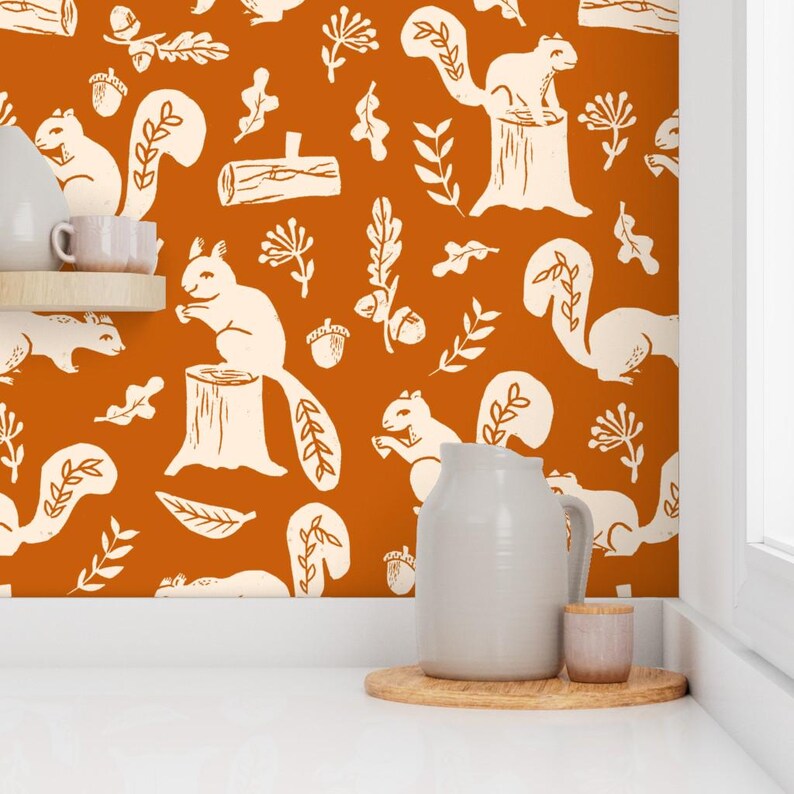 Fall Wallpaper - Squirrels Linocut Fall Autumn By Andrea Lauren - Custom Printed Removable Self Adhesive Wallpaper Roll by Spoonflower image 7