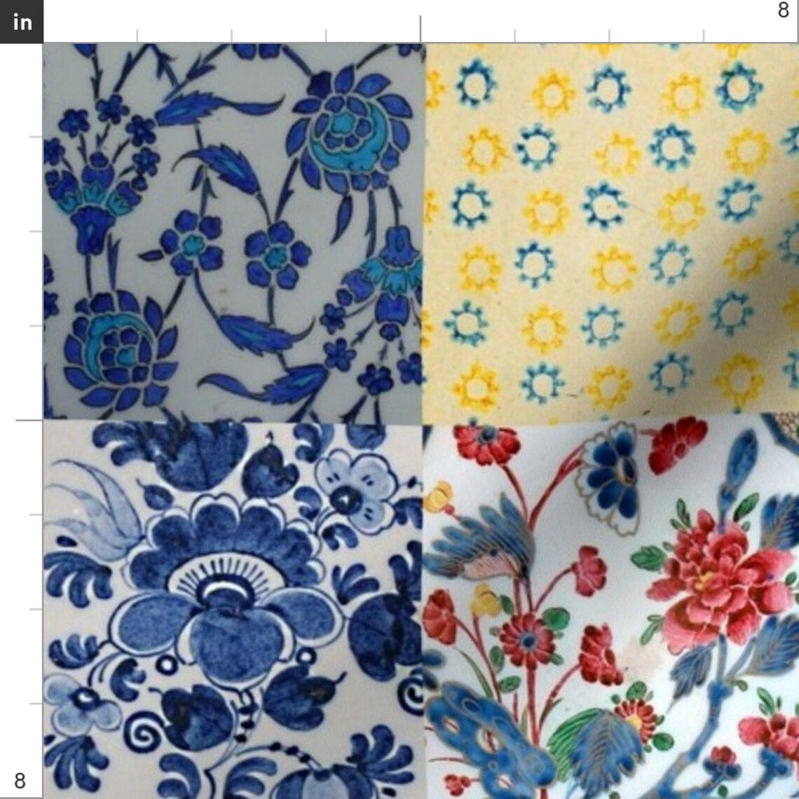 Blue Yellow Floral Cheater Quilt Fabric Vintage Inspired Etsy