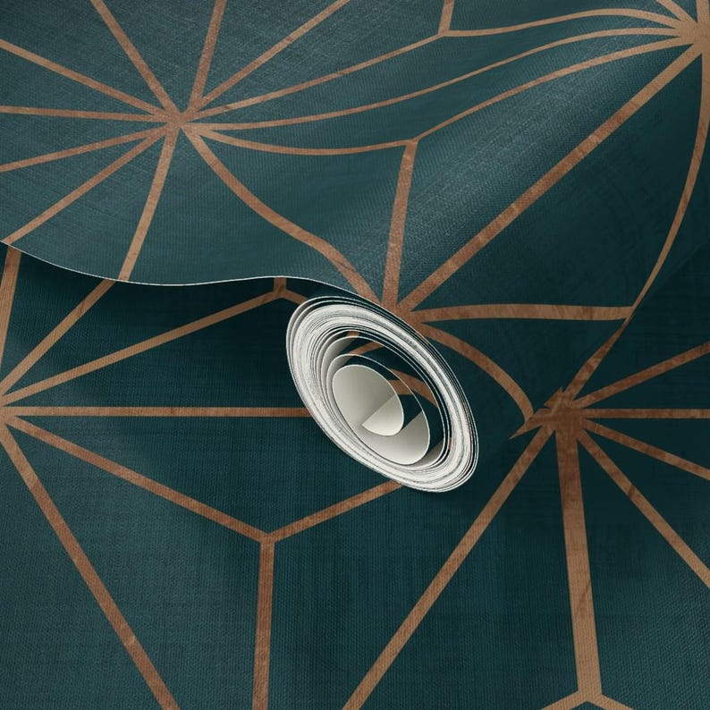 Star Wallpaper - Star Geo Deep Teal Copper By Crystal Walen - Green Custom Printed Removable Self Adhesive Wallpaper Roll by Spoonflower image 3