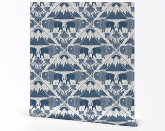 National Park Wallpaper - Hoofin' It West by nanshizzle - Blue Buffalo Navy Western Bison Removable Peel and Stick Wallpaper by Spoonflower