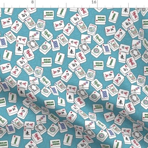 Mahj Game Blue Fabric - Mahjong Tiles For Mahj Game On Aqua Background By Theplumgrove - Mahj Cotton Fabric By The Yard With Spoonflower