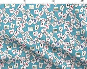 Mahj Game Blue Fabric - Mahjong Tiles For Mahj Game On Aqua Background By Theplumgrove - Mahj Cotton Fabric By The Yard With Spoonflower