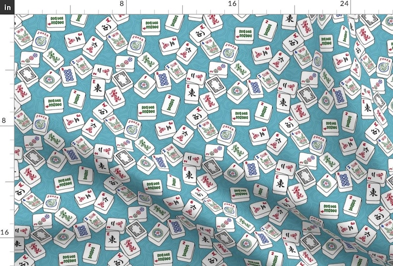 Mahj Game Blue Fabric - Mahjong Tiles For Mahj Game On Aqua Background By Theplumgrove - Mahj Cotton Fabric By The Yard With Spoonflower image 1