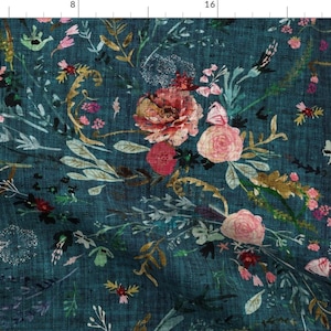 Boho Floral Fabric - Fable Floral Teal Jumbo By Nouveau Bohemian - Pink Roses Wildflower Romantic Cotton Fabric By The Yard With Spoonflower