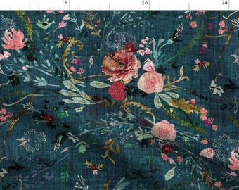 Boho Floral Fabric - Fable Floral Teal Jumbo By Nouveau Bohemian - Pink Roses Wildflower Romantic Cotton Fabric By The Yard With Spoonflower