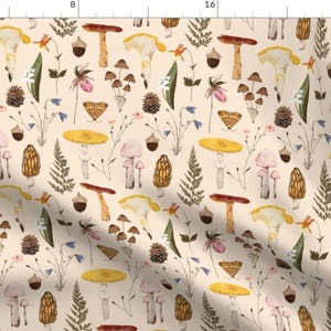 Antique Forest Fabric - Wildwood Foraging by sahndamarie - Mushrooms Hygge Watercolor Forest Fern Insects Fabric by the Yard by Spoonflower