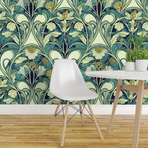 Art Nouveau Peel and Stick Wallpaper - 1920s Teal Green Cream Floral Vines - Removable Wall Decor Art - Art Nouveau Botanical by nickleen