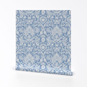 Coastal Removable Peel and Stick Wallpaper - Nautical Ocean Blue Light Blue - Wall Art Wall Decor - Beach House Damask by kee_design_studio