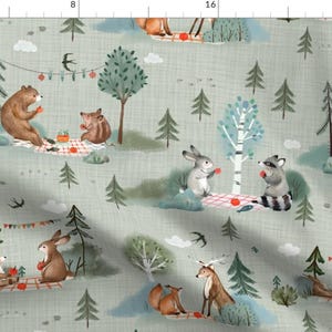 Forest Picnic Fabric - Picnic In Mint by gomboc - Kids Nursery Woodland Woods Outdoors Rabbit Fox Beer Fabric by the Yard by Spoonflower