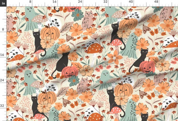Cute Halloween Ghost Extra Wide Sateen Fabric Pastel Floral Pumpkin Orange Fabric By The Yard Ghosts And Pumpkin by sally_mountain