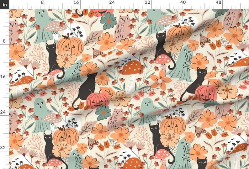 Cute Halloween Ghost Extra Wide Sateen Fabric Pastel Floral Pumpkin Orange Fabric By The Yard Ghosts And Pumpkin by sally_mountain image 1