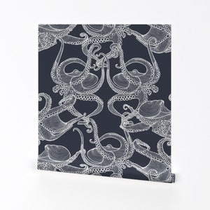 Giant Octopus Wallpaper - Cephalopod by patricia_braune - Navy Blue White Nautical Removable Peel and Stick Wallpaper by Spoonflower