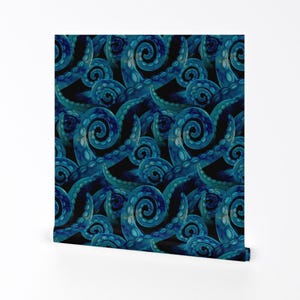 Octopus Wallpaper - Octopus Watercolor By Littlearrowdesign - Blue Black Ocean Beach Removable Self Adhesive Wallpaper Roll by Spoonflower