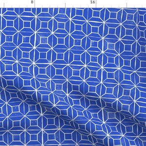 Blue Fabric - Geometric Lino Cobalt By Crumpetsandcrabsticks - Tile Mosaic Cornflower Moroccan  Cotton Fabric By The Yard With Spoonflower