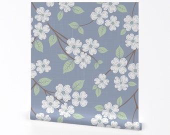 Dogwood Wallpaper - Dogwood By Juniperr - Sky Blue Floral Summer North Carolina Tree Removable Self Adhesive Wallpaper Roll by Spoonflower