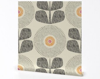 Mid Century Modern Wallpaper - Zonnebloemen van maeparadise - Retro Floral Large Scale Verwijderbare Peel and Stick Wallpaper van Spoonflower