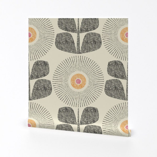 Mid Century Moderne Tapete - Sonnenblumen von maeparadise - Retro Floral Großformatige entfernbare Tapete von Spoonflower