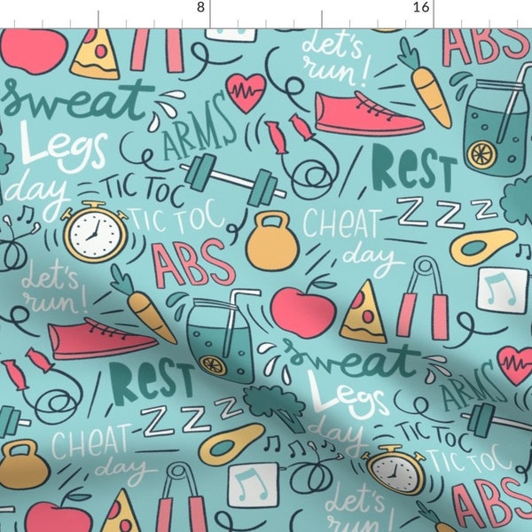 Blue Fitness Gym Equipment Fabric - Let’S Get Fit By Natalia Gonzalez - Fitness Blue Pattern Cotton Fabric By The Yard With Spoonflower