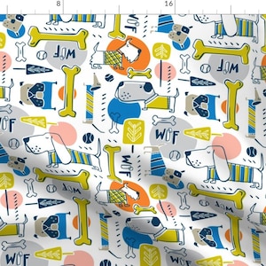 Mod Dog Fabric - Dog Park - Blue Orange By Heatherdutton - Dog Vintage Retro Mod Blue Green Pets Cotton Fabric By The Yard With Spoonflower