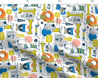 Mod Dog Fabric - Dog Park - Blue Orange By Heatherdutton - Dog Vintage Retro Mod Blue Green Pets Cotton Fabric By The Yard With Spoonflower