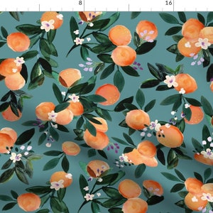 Citrus Floral Fabric - Dear Clementine Oranges Teal By Crystal Walen - Citric Orange Kitchen Fun Cotton Fabric By The Yard With Spoonflower