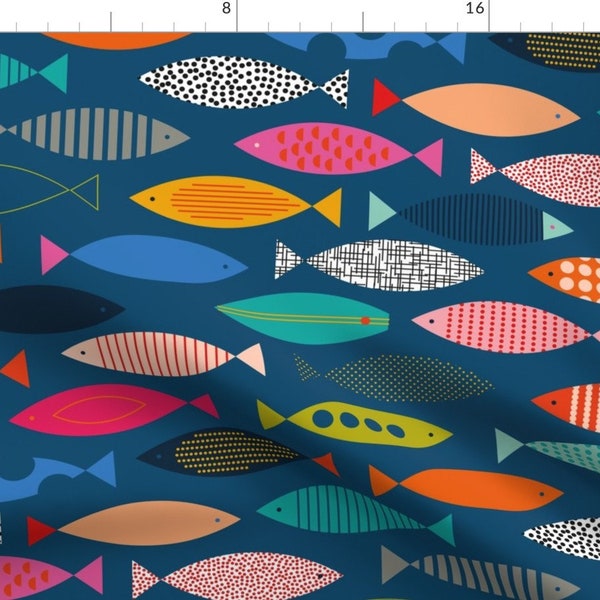 Colorful Mod Fish Fabric - Can You Spot The Surfboard? By Katerhees - Bright Graphic School Fish Cotton Fabric By The Yard With Spoonflower
