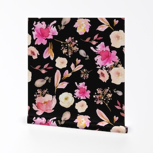 Pink Floral Wallpaper - Pink Whisper Black By Shopcabin - Pink Custom Printed Removable Self Adhesive Wallpaper Roll by Spoonflower