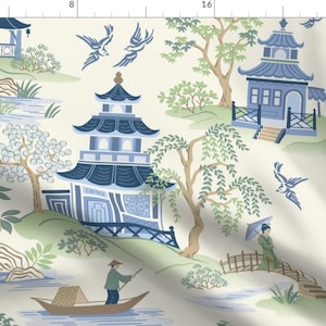 Tea House Fabric - Chinoiserie Pagoda by barbarapixton - Willow Tree Vintage Inspired Chinese Style Fabric by the Yard by Spoonflower