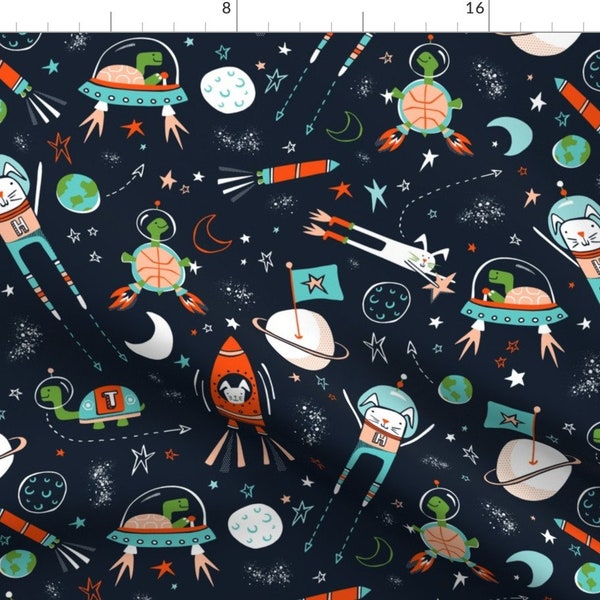 Space Fabric - Space Race - Navy Blue By Heatherdutton - Space Race Tortoise Hare Children's Cotton Fabric By The Yard With Spoonflower