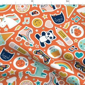 Stickers Fabric - Sticker Book - Orange Large by lellobird - Panda Cat Roller Skate Unicorn Ice Cream Teal Fabric by the Yard by Spoonflower