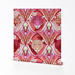 Papier peint Jaguars - Jaguars de la jungle Ogee In vintage Coral Decadence par Beesocks - Rouleau de papier peint auto-adhésif imprimé personnalisé par Spoonflower
