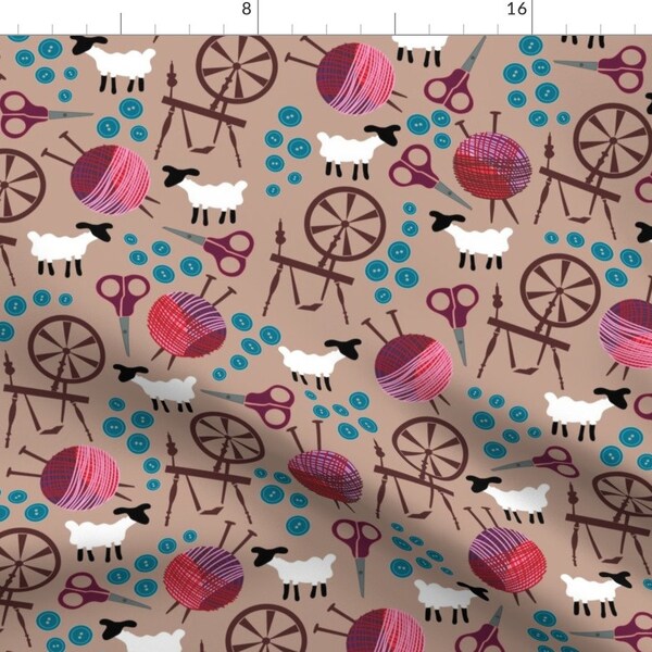 Knitting Fabric - Knit And Spin By Dearchickie- Spinning Wheel Scissor Lamb Buttons Notions Quilt Cotton Fabric By The Yard With Spoonflower