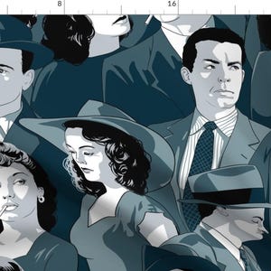 Może przedstawiać: Grupa osób w ilustracji w stylu vintage. Osoby są ubrane w kapelusze i garnitury. Ilustracja jest w odcieniach niebieskiego i szarego.