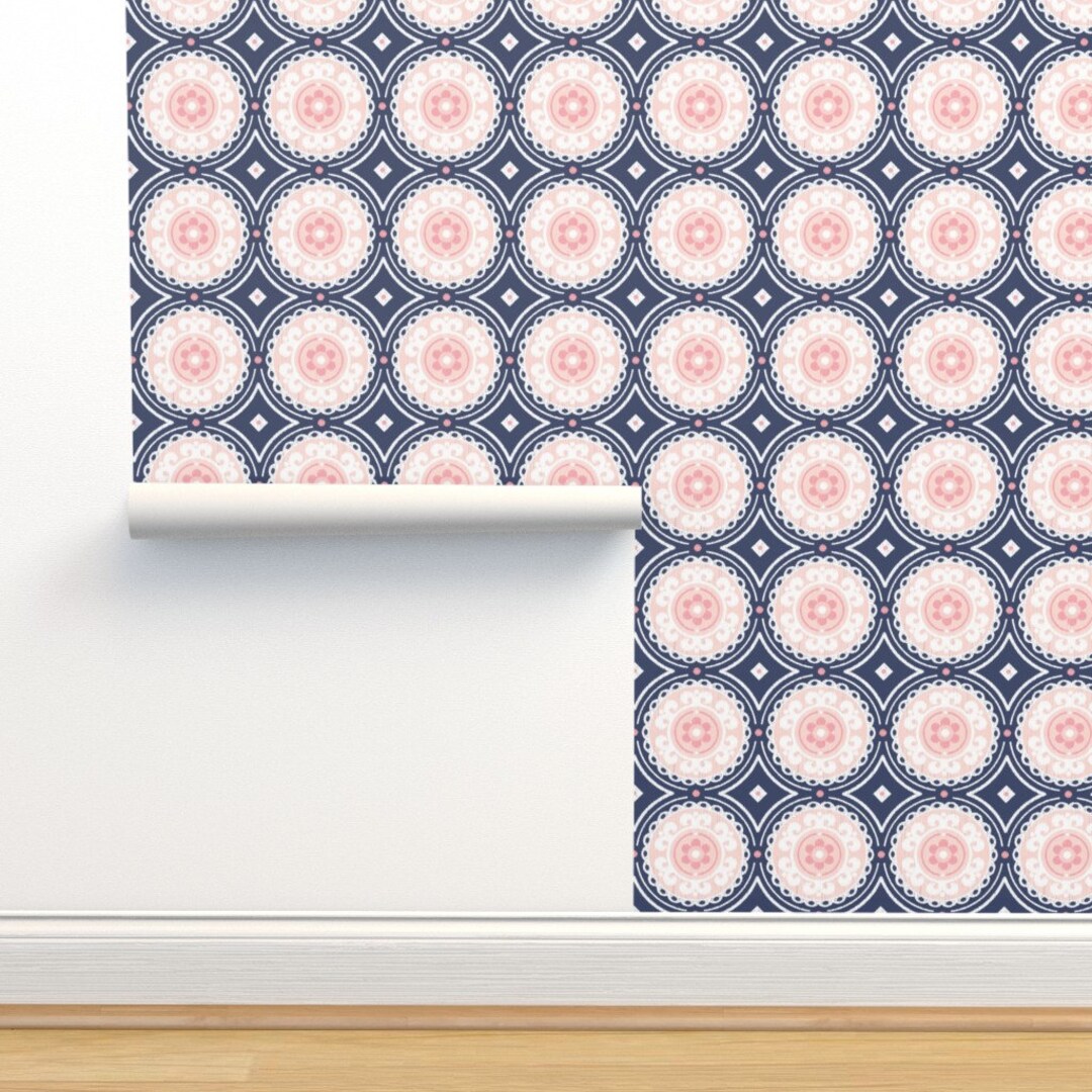 Navy and Pink Wallpaper Navy and Pink Medallion by Etsy