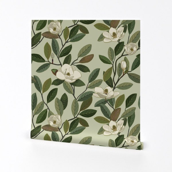 Magnolia Blooms Wallpaper - Southern Magnolias by lbaron - Green White Flowers Botanical Removable Peel and Stick Wallpaper by Spoonflower