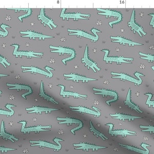 Crocodile Fabric Alligators Crocodile Mint Green On Grey By Caja Design Crocodile Cotton Fabric By The Yard With Spoonflower image 1