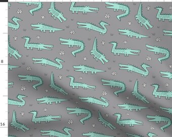 Crocodile Fabric - Alligators Crocodile Mint Green On Grey By Caja Design - Crocodile Cotton Fabric By The Yard With Spoonflower