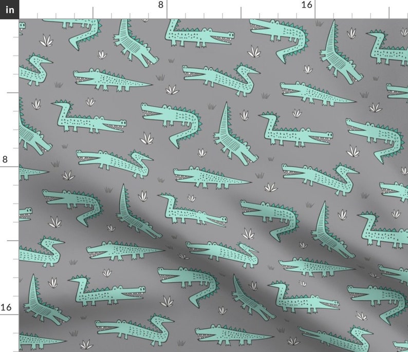 Crocodile Fabric Alligators Crocodile Mint Green On Grey By Caja Design Crocodile Cotton Fabric By The Yard With Spoonflower image 1